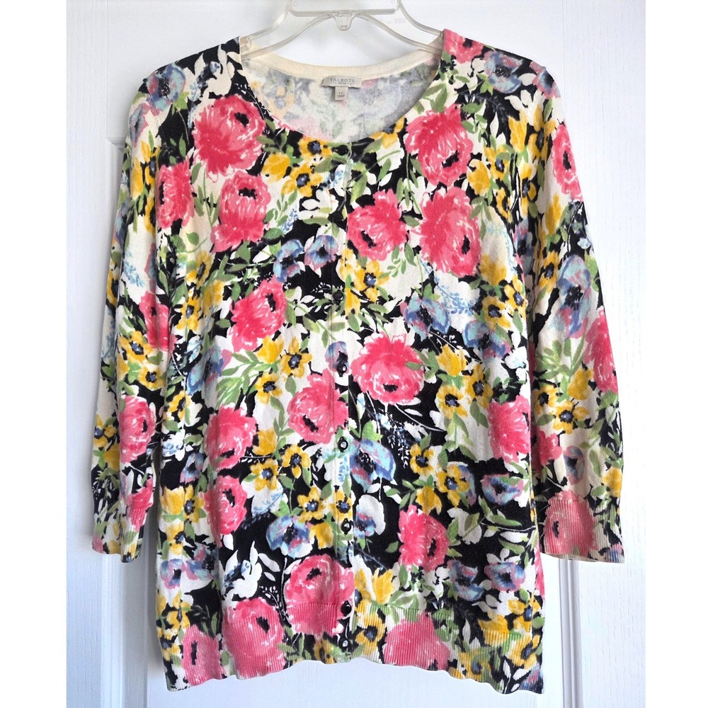 Talbots Petites Floral Cotton Cardigan Sweater Pink Yellow Blue White Sz LP Twee